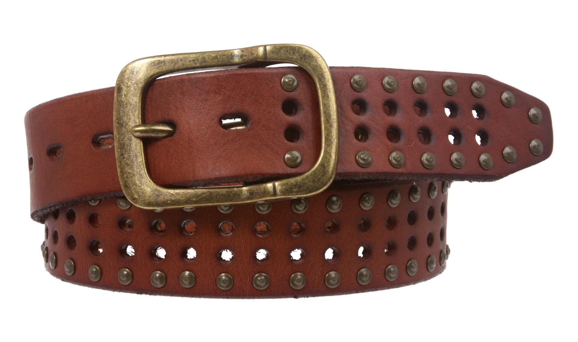 1 1/2" (38 mm) Snap on Vintage Cowhide Metal Circle Studded Leather Belt