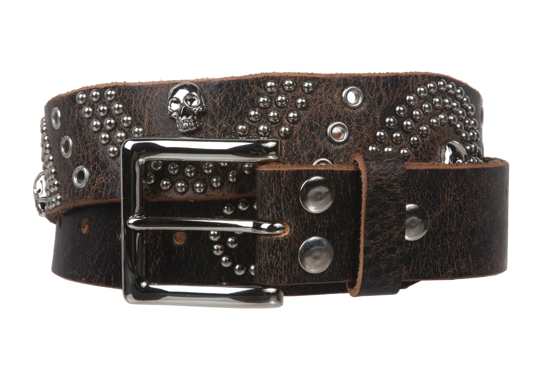 1 1/2" Snap On  Skull Metal Studded Distressed Leather Belt