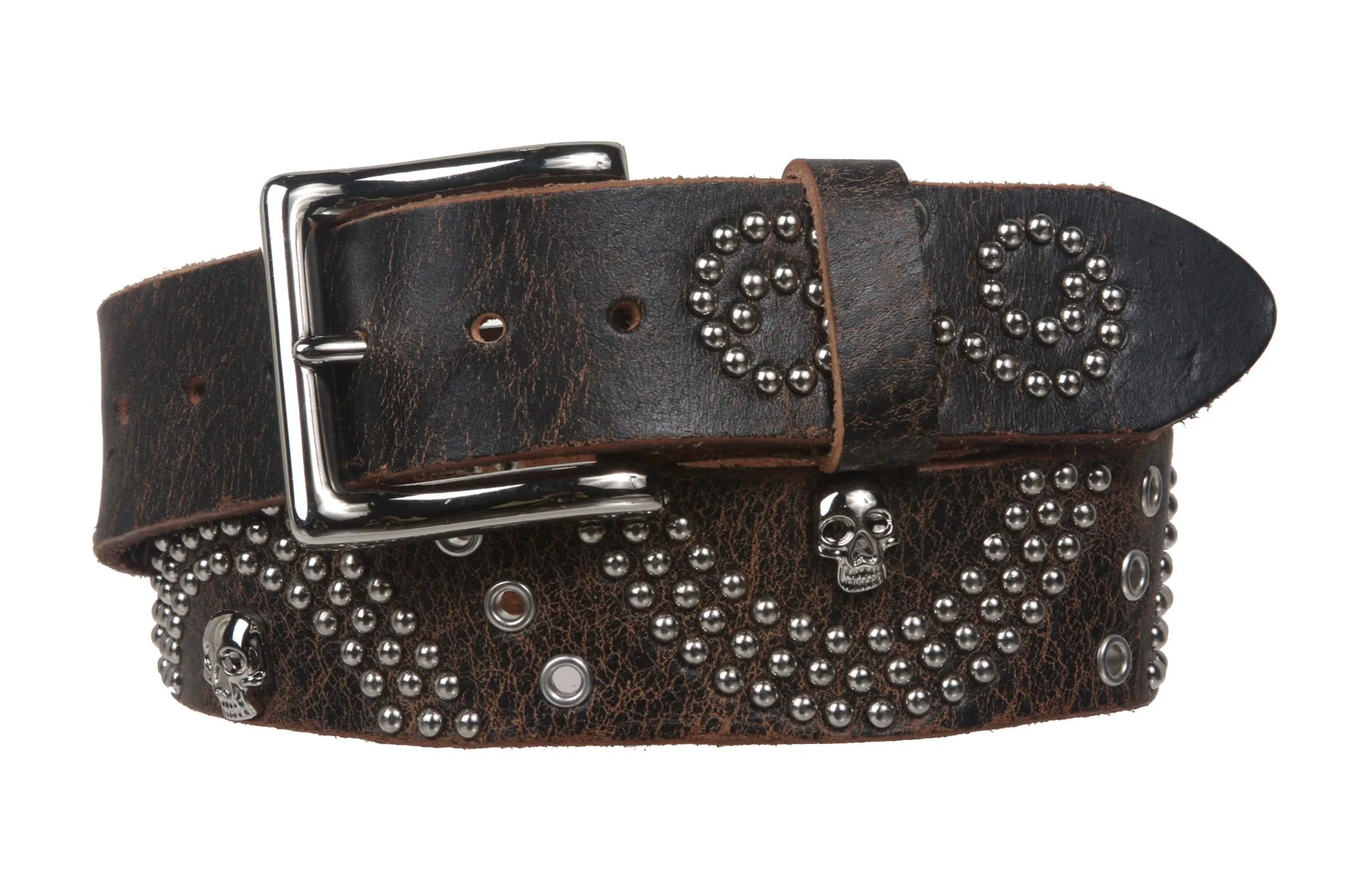 1 1/2" Snap On  Skull Metal Studded Distressed Leather Belt