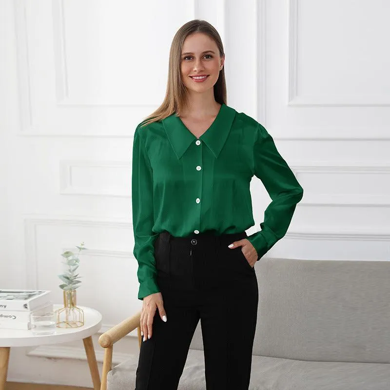 100% Mulberry Silk Womens Silk Blouse Pure Color Long Sleeves Silk Shirts Silk Top