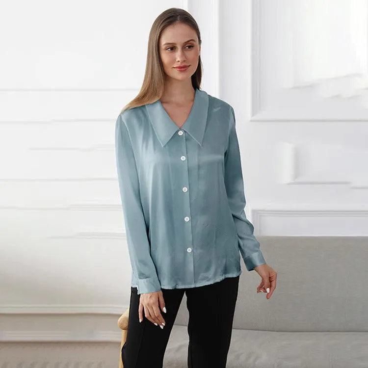 100% Mulberry Silk Womens Silk Blouse Pure Color Long Sleeves Silk Shirts Silk Top