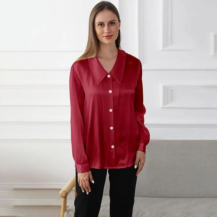 100% Mulberry Silk Womens Silk Blouse Pure Color Long Sleeves Silk Shirts Silk Top