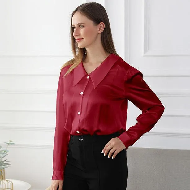 100% Mulberry Silk Womens Silk Blouse Pure Color Long Sleeves Silk Shirts Silk Top