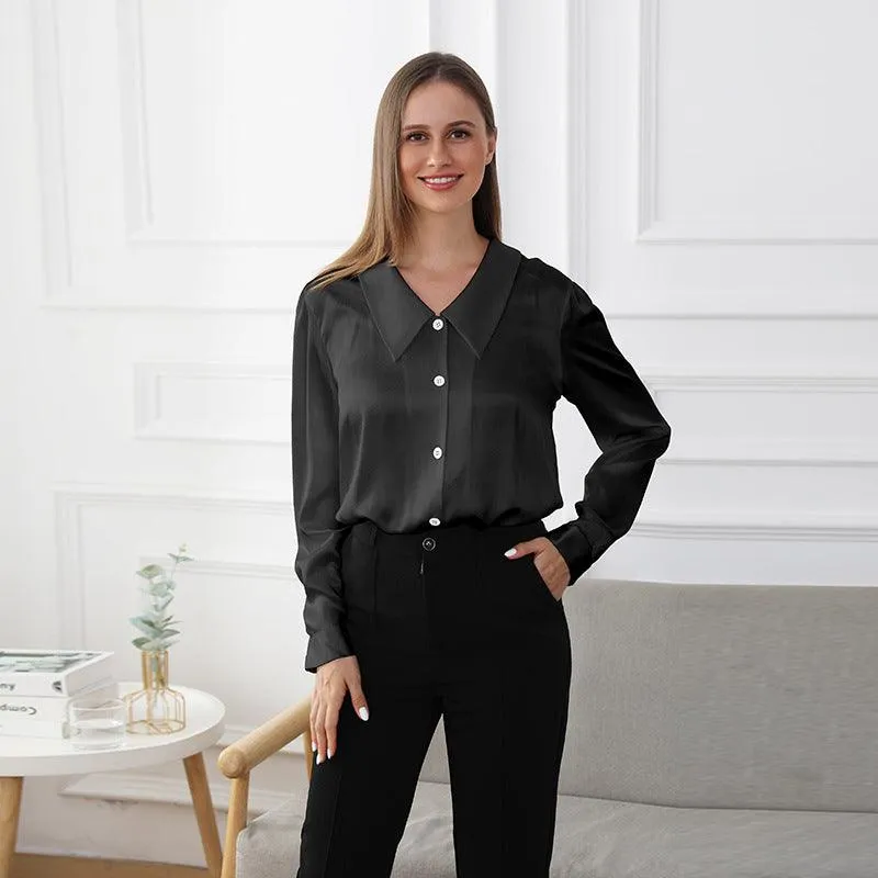 100% Mulberry Silk Womens Silk Blouse Pure Color Long Sleeves Silk Shirts Silk Top