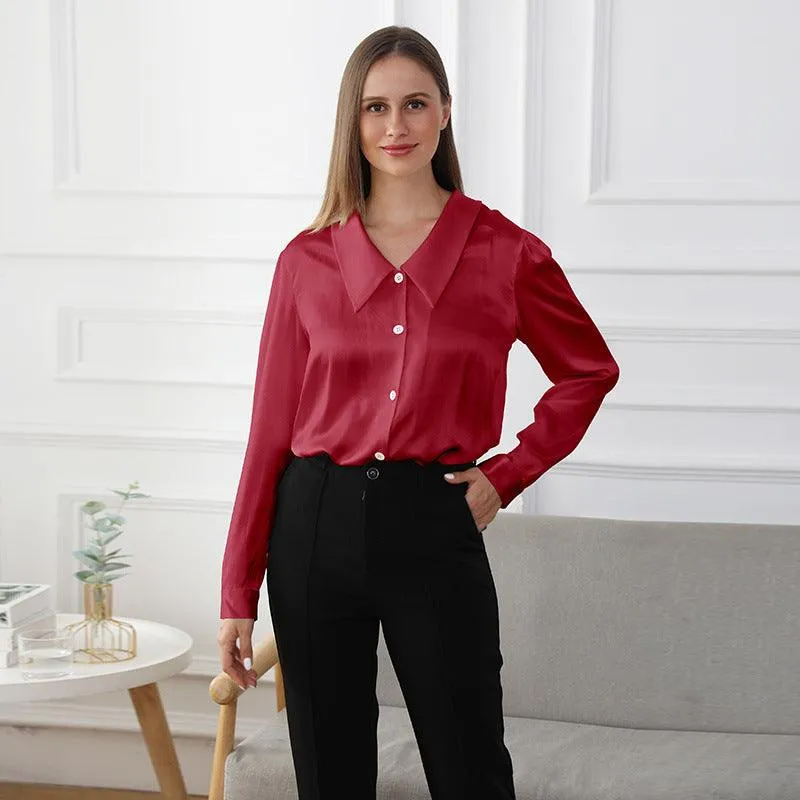 100% Mulberry Silk Womens Silk Blouse Pure Color Long Sleeves Silk Shirts Silk Top