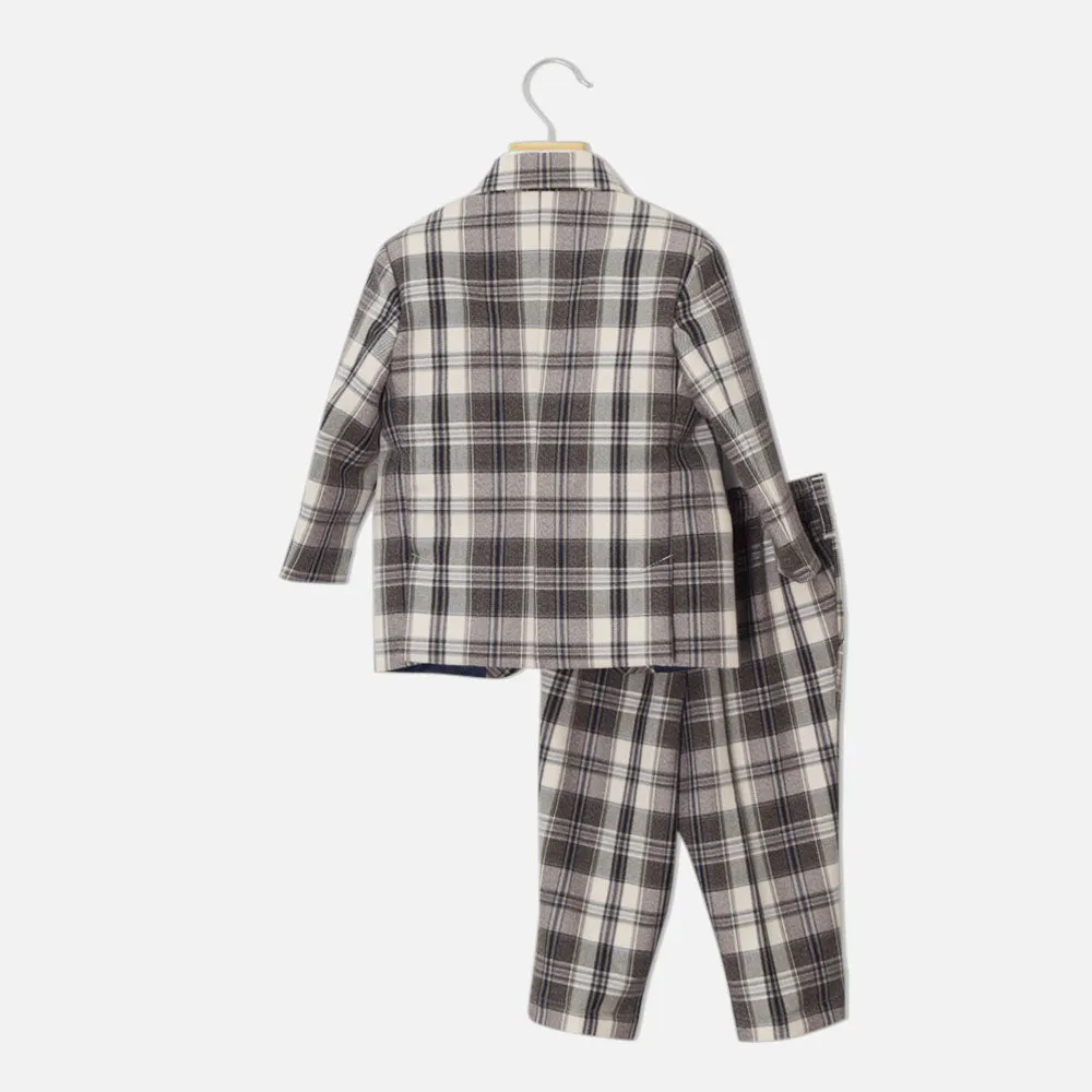 Beige & Brown Tartan Checked Suit Set