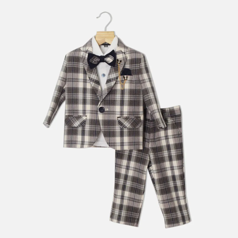 Beige & Brown Tartan Checked Suit Set