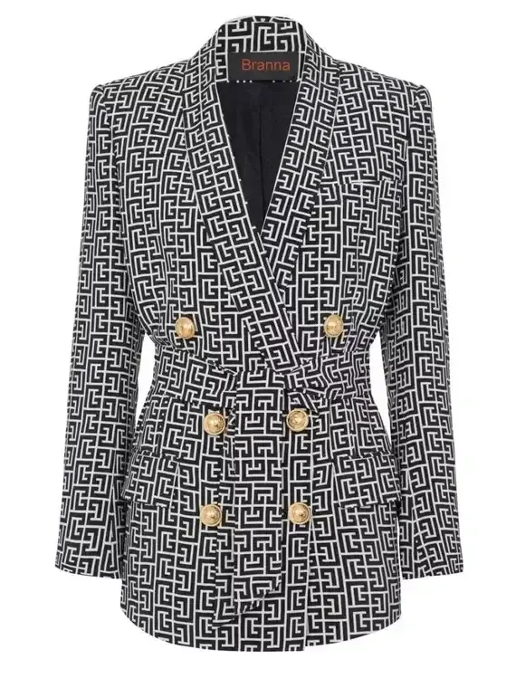 Belted Black and White Monogram Double-Breasted Blazer and Pant Suit