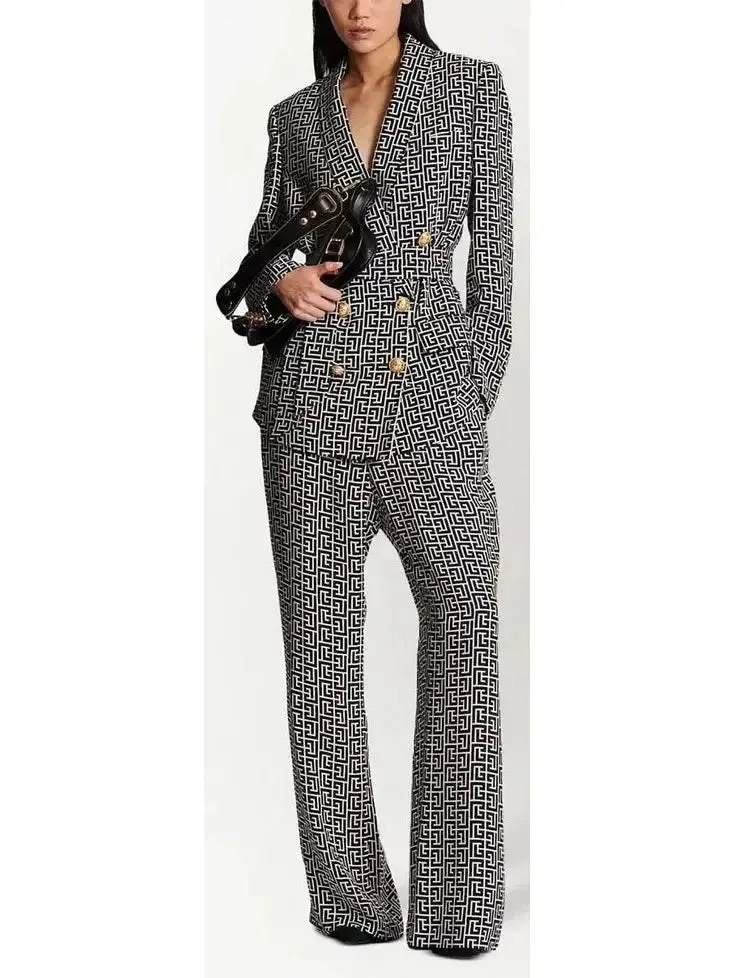 Belted Black and White Monogram Double-Breasted Blazer and Pant Suit