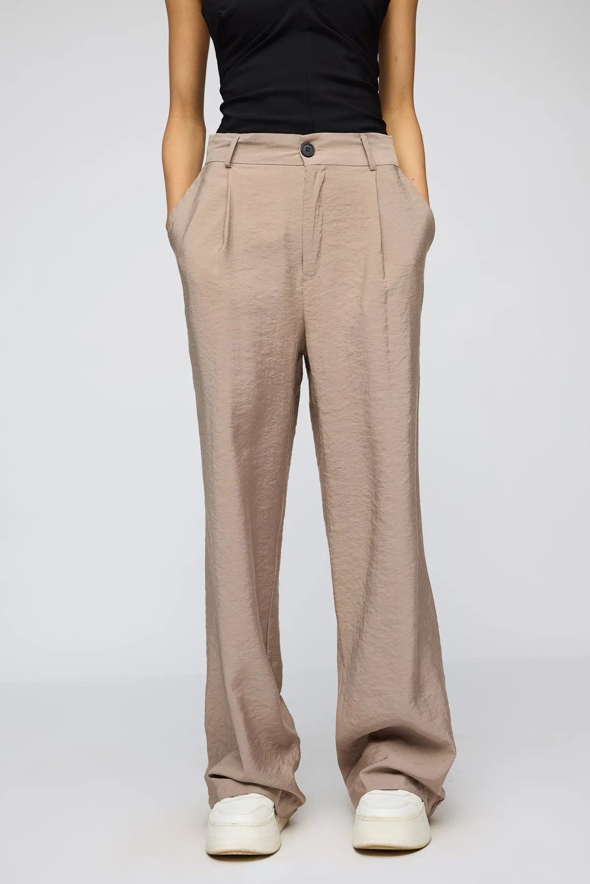 Bisque Beige Pleated Straight Fit Korean Pants