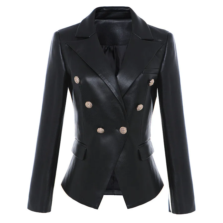 Black Double-Breasted Leather Suit Jacket