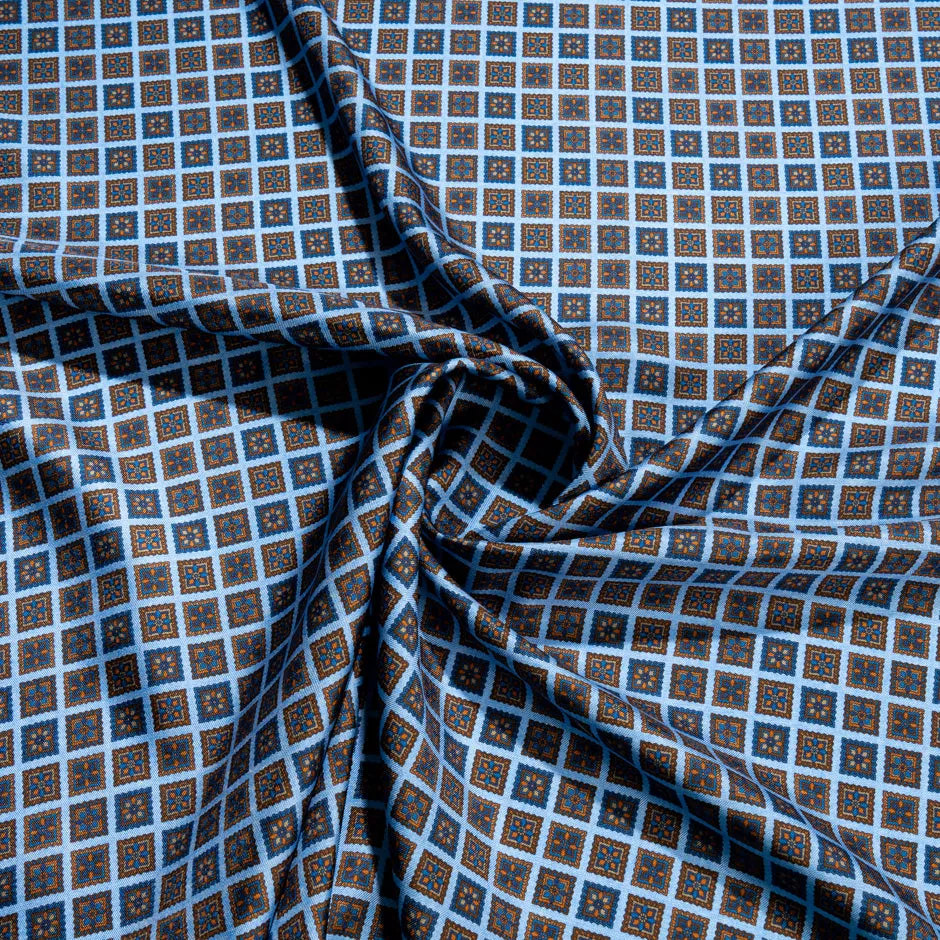 Blue & Brown Square Geo Printed Pure Silk Twill