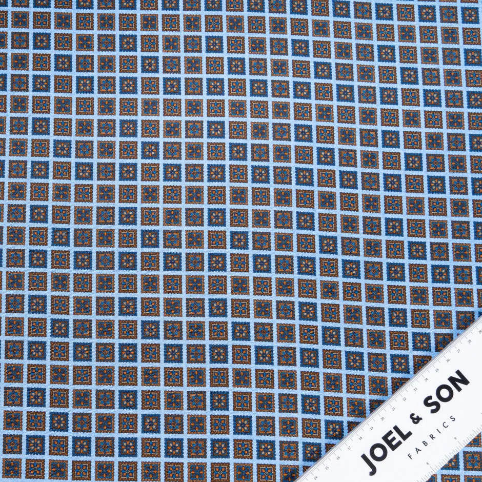 Blue & Brown Square Geo Printed Pure Silk Twill