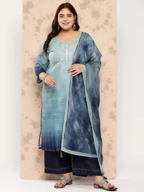 Blue Embroidered Silk Blend Straight Kurta With Trousers and Dupatta