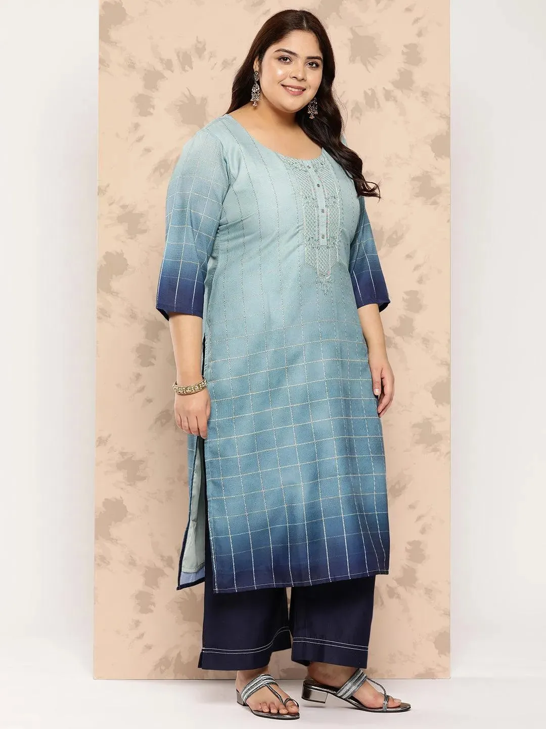 Blue Embroidered Silk Blend Straight Kurta With Trousers and Dupatta