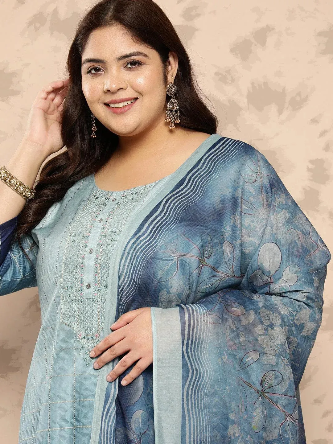 Blue Embroidered Silk Blend Straight Kurta With Trousers and Dupatta