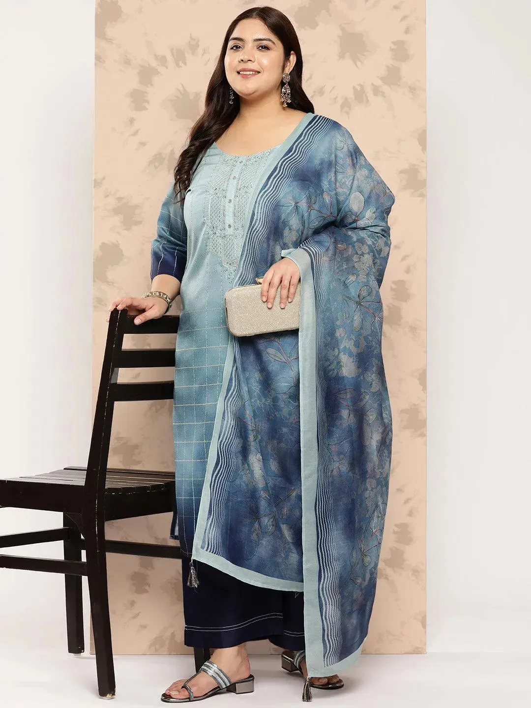 Blue Embroidered Silk Blend Straight Kurta With Trousers and Dupatta