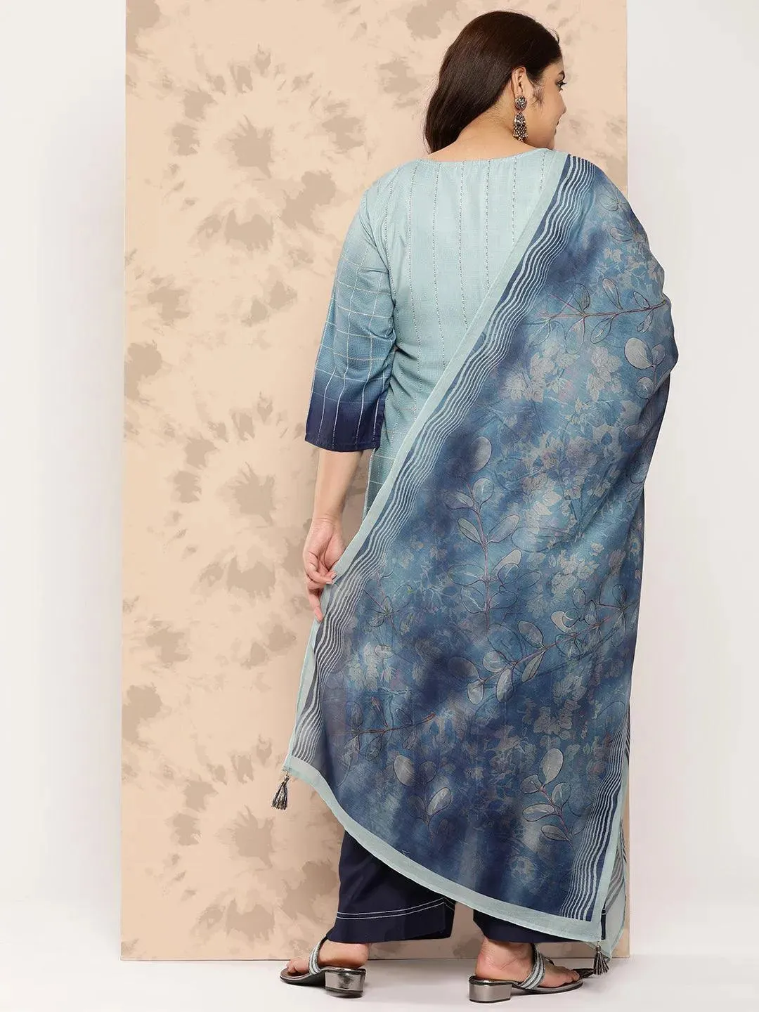 Blue Embroidered Silk Blend Straight Kurta With Trousers and Dupatta