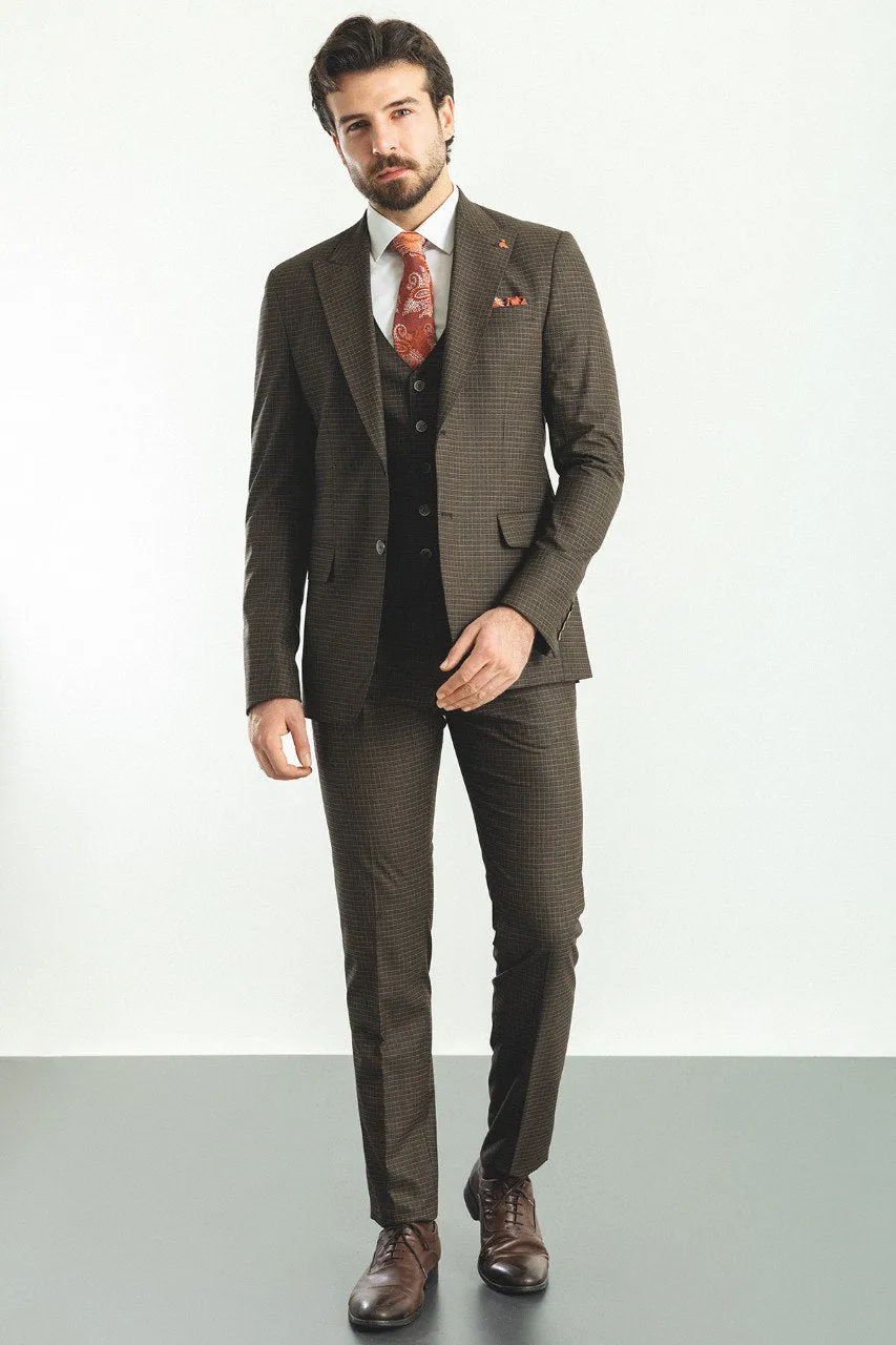 Bojoni Trivento Brown Checked Slim Fit Suit