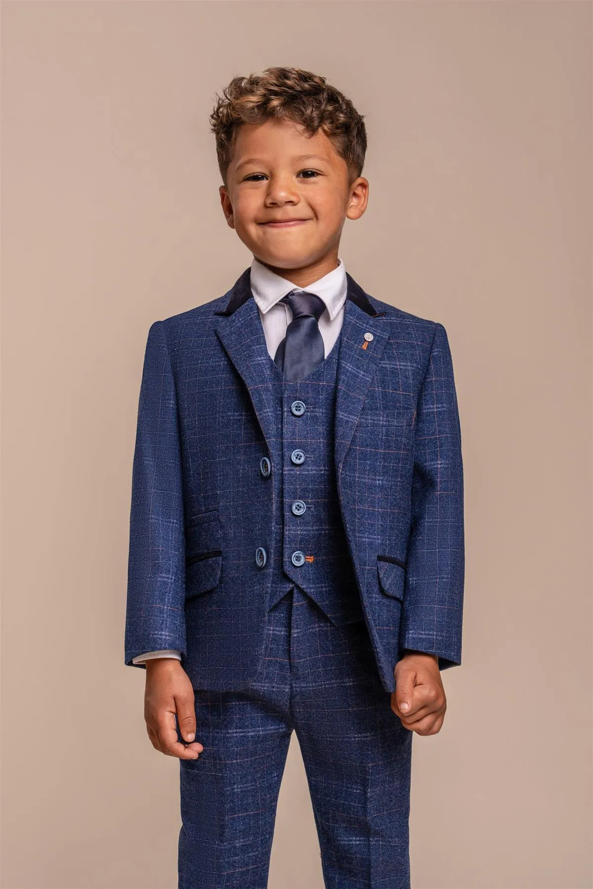 Boys Kaiser Blue Check Three Piece Suit