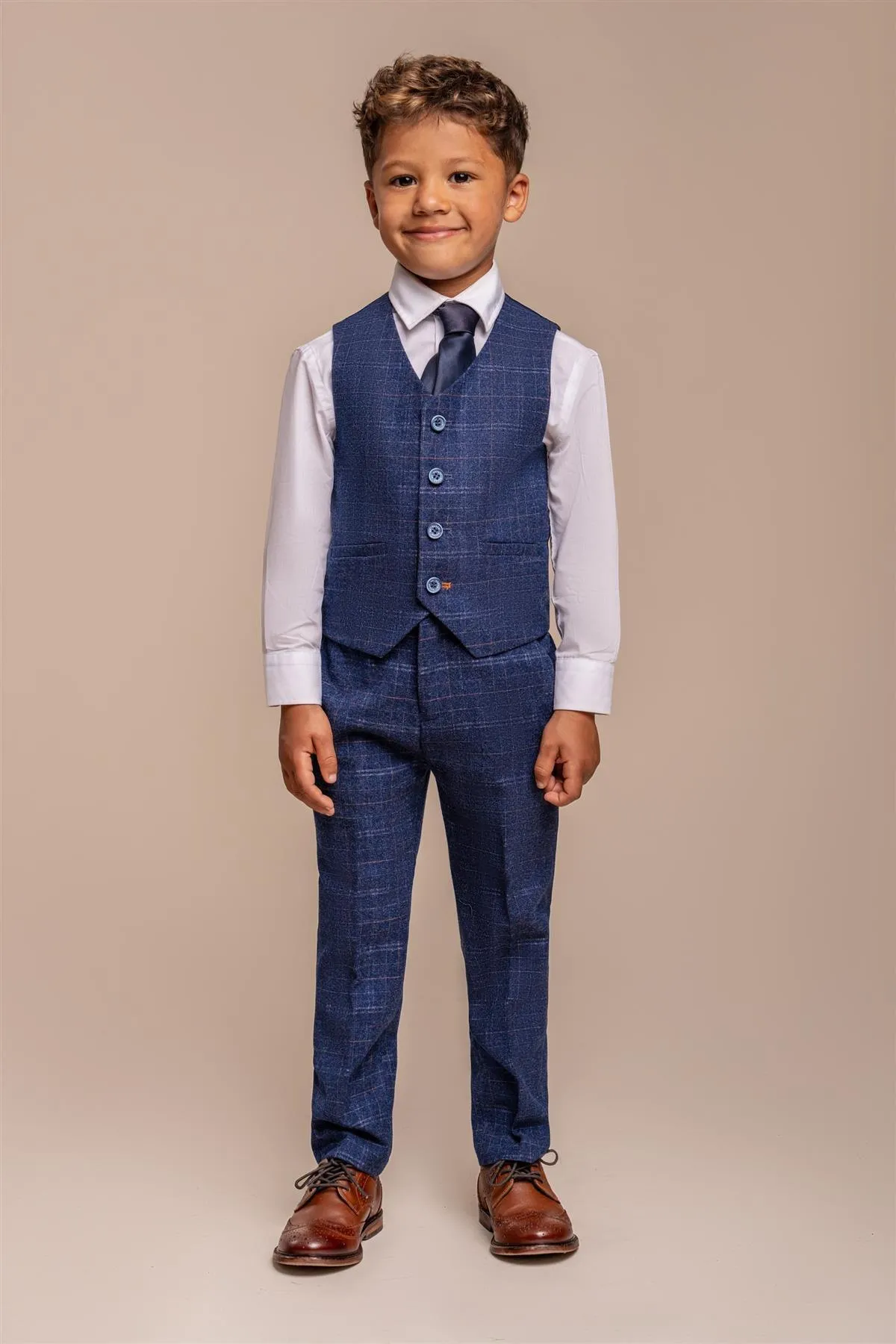 Boys Kaiser Blue Check Three Piece Suit