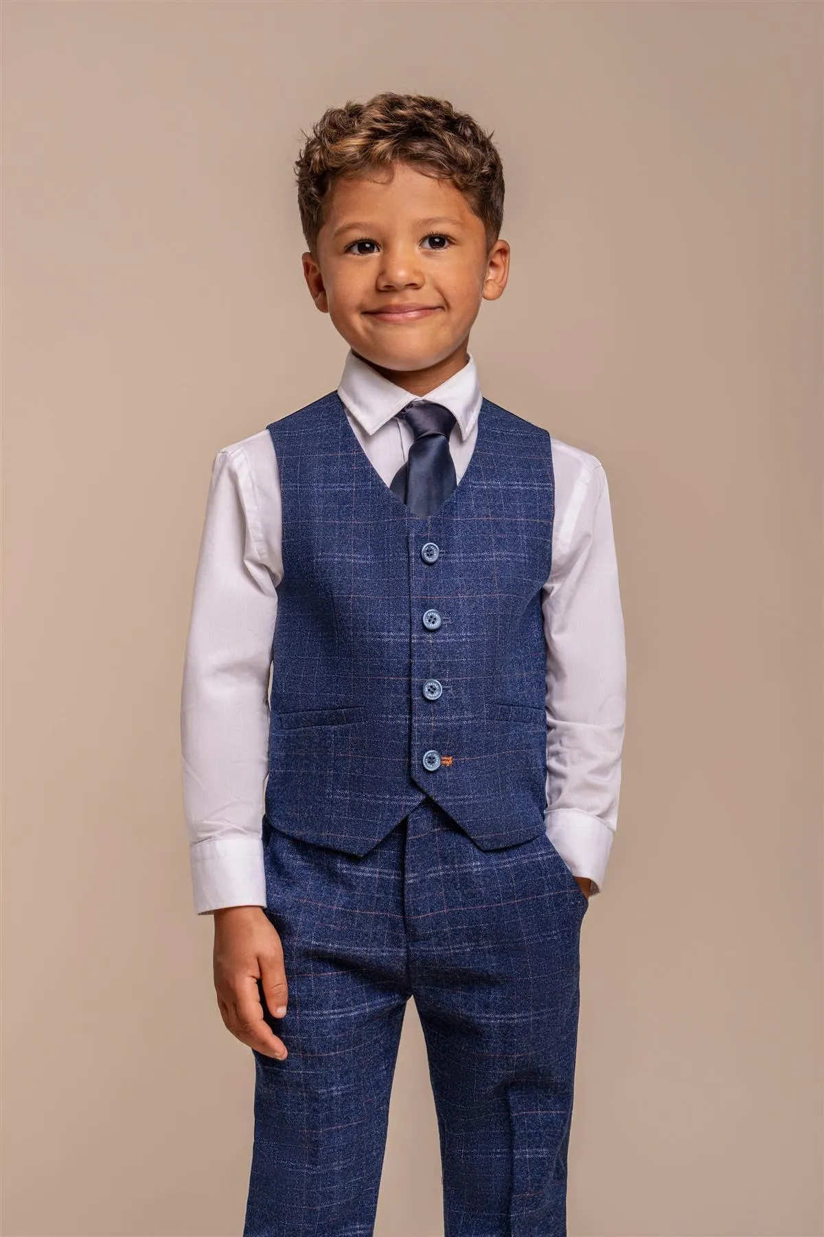 Boys Kaiser Blue Check Three Piece Suit