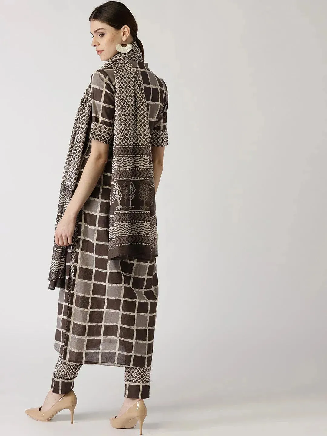 Brown Checkered Cotton A-Line Kurta With Dupatta