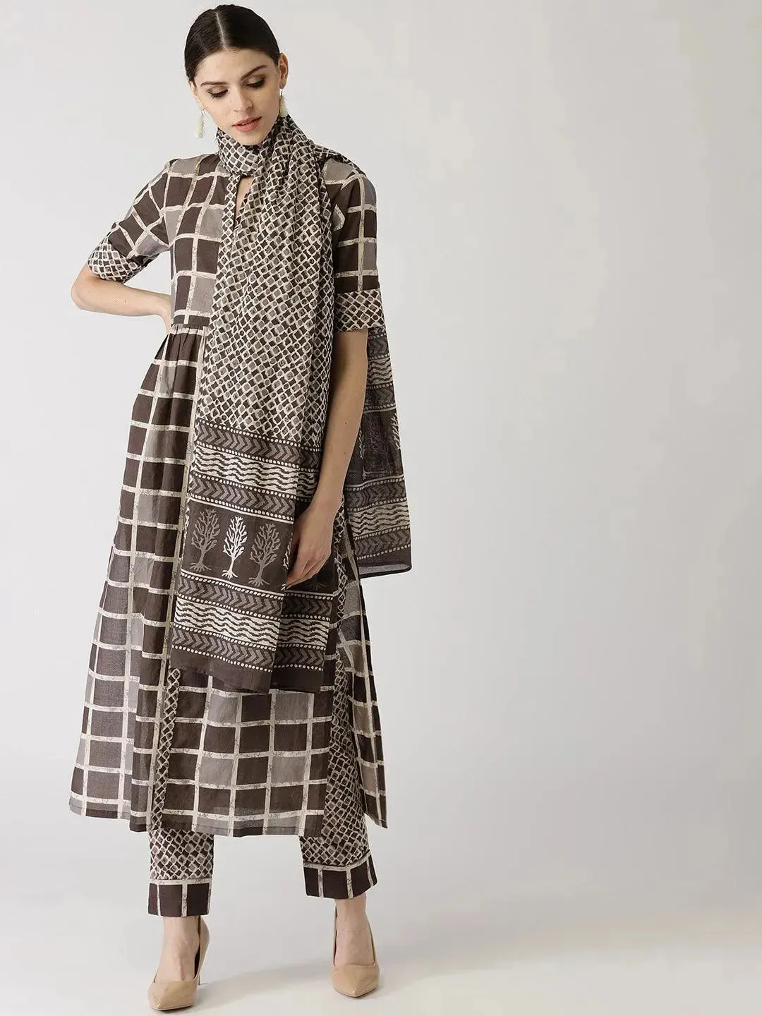 Brown Checkered Cotton A-Line Kurta With Dupatta