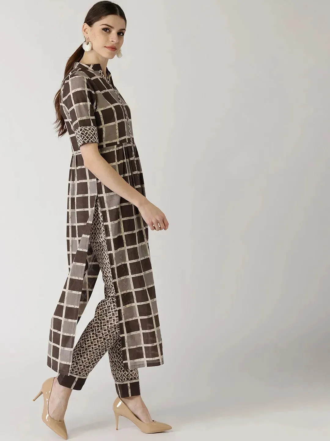 Brown Checkered Cotton A-Line Kurta With Dupatta