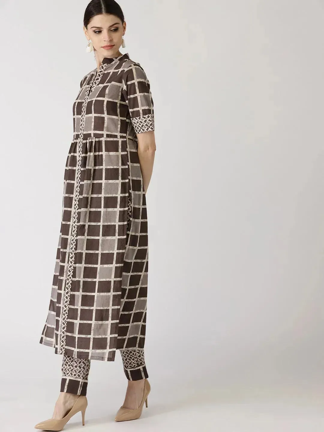 Brown Checkered Cotton A-Line Kurta With Dupatta