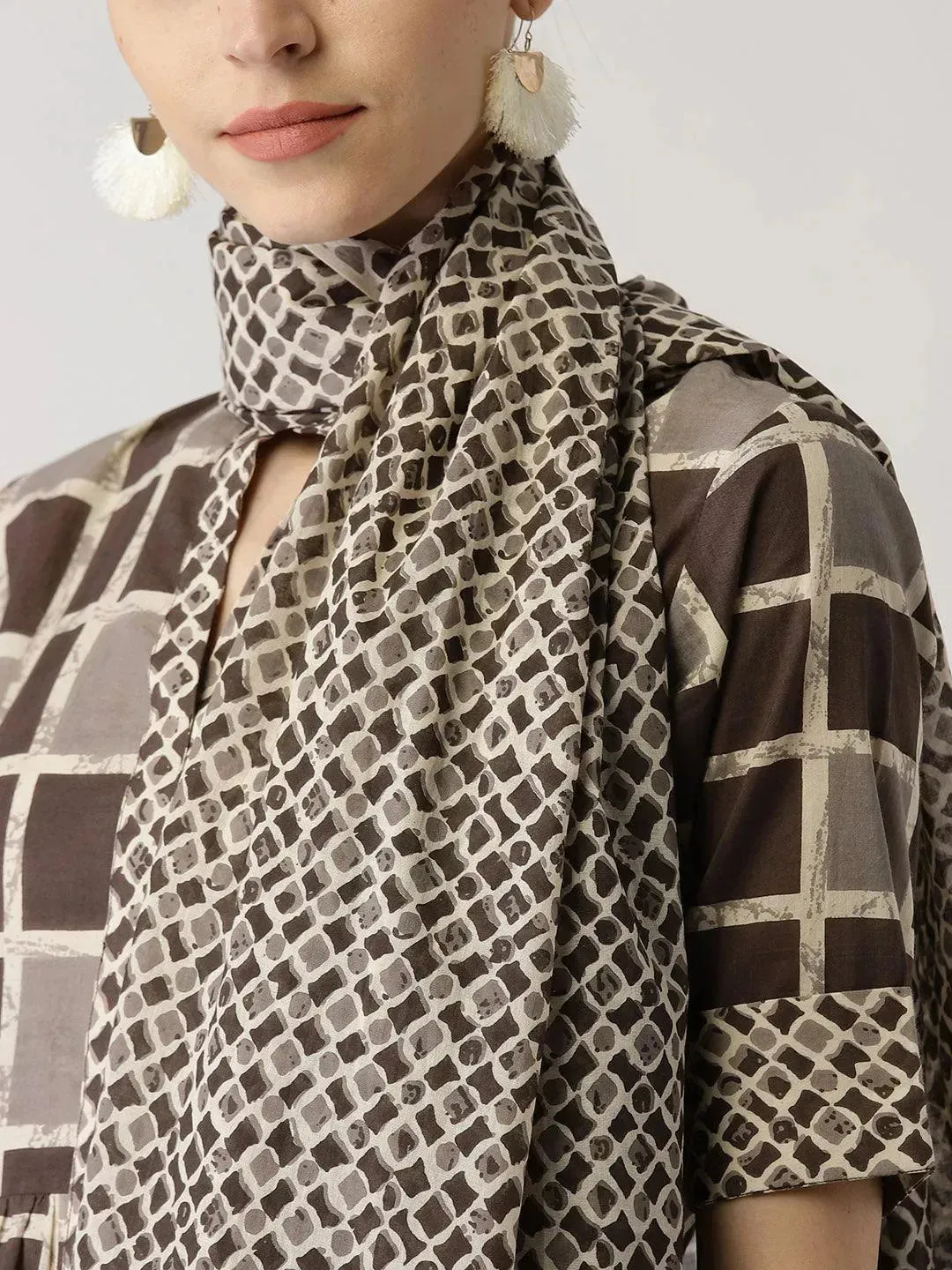 Brown Checkered Cotton A-Line Kurta With Dupatta