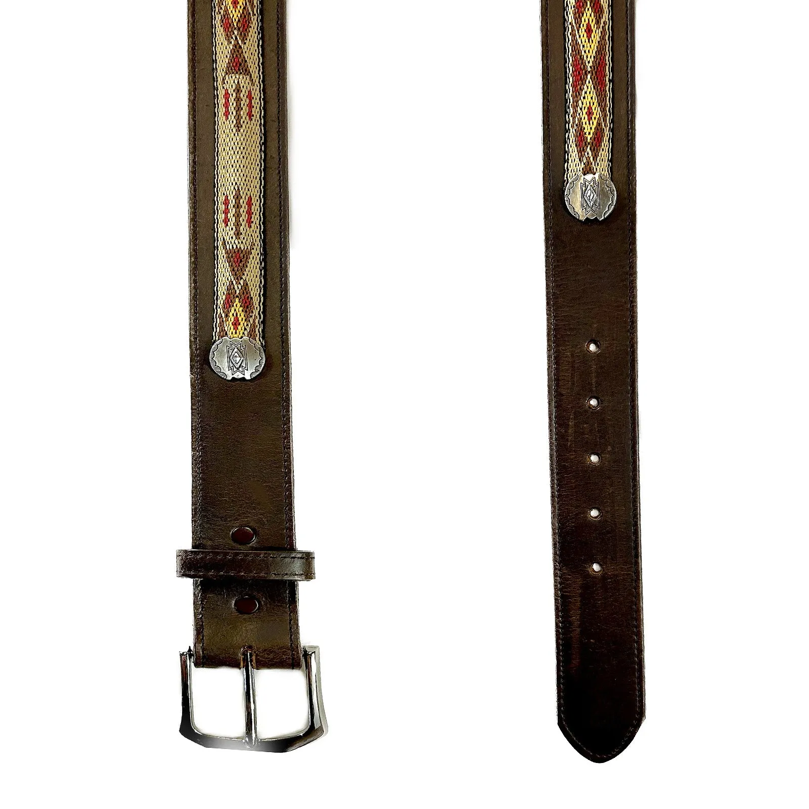 Brown Native Ribbon Genuine Leather Western Belt with Conchos