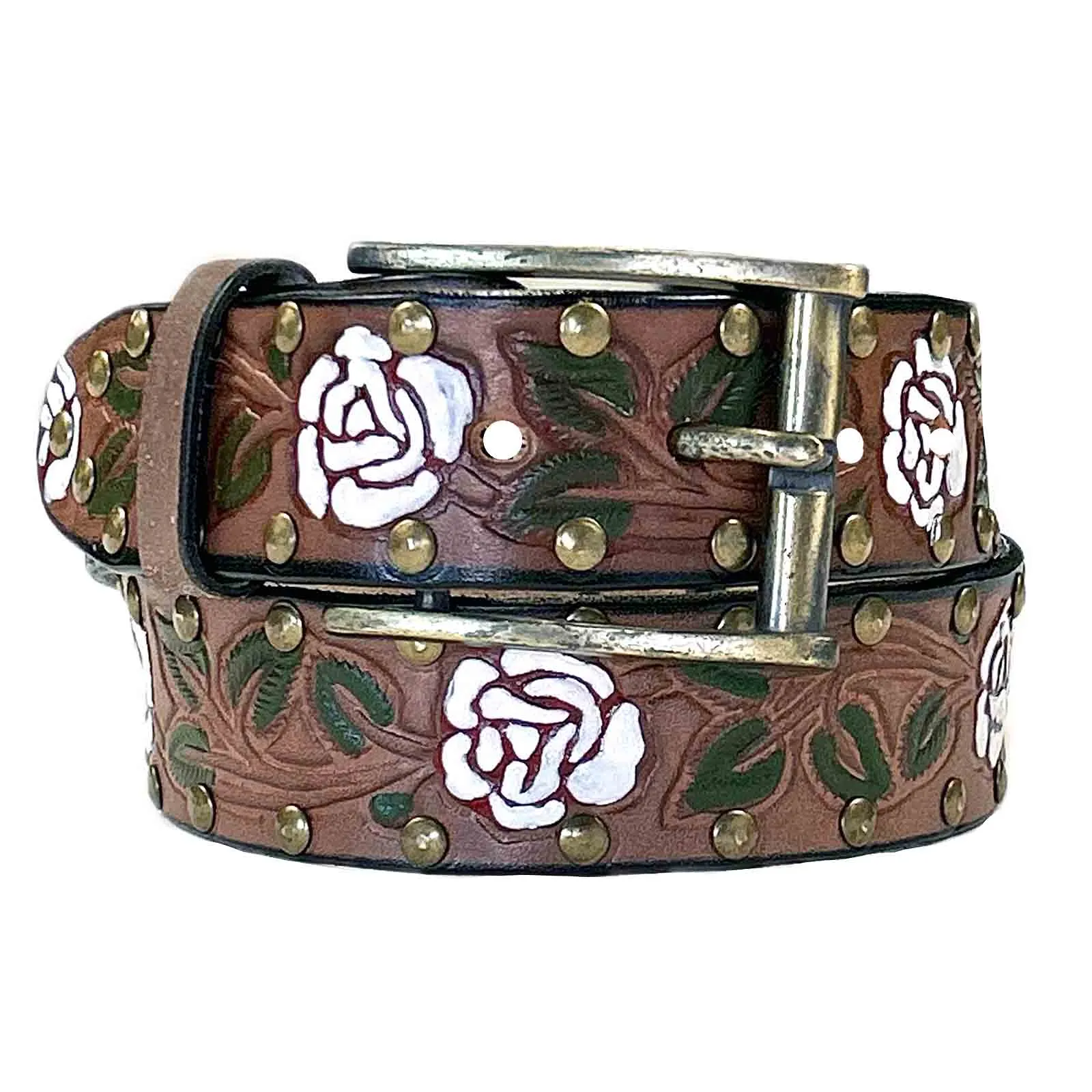 Brown Tooled Genuine Leather Western Belt with White Roses