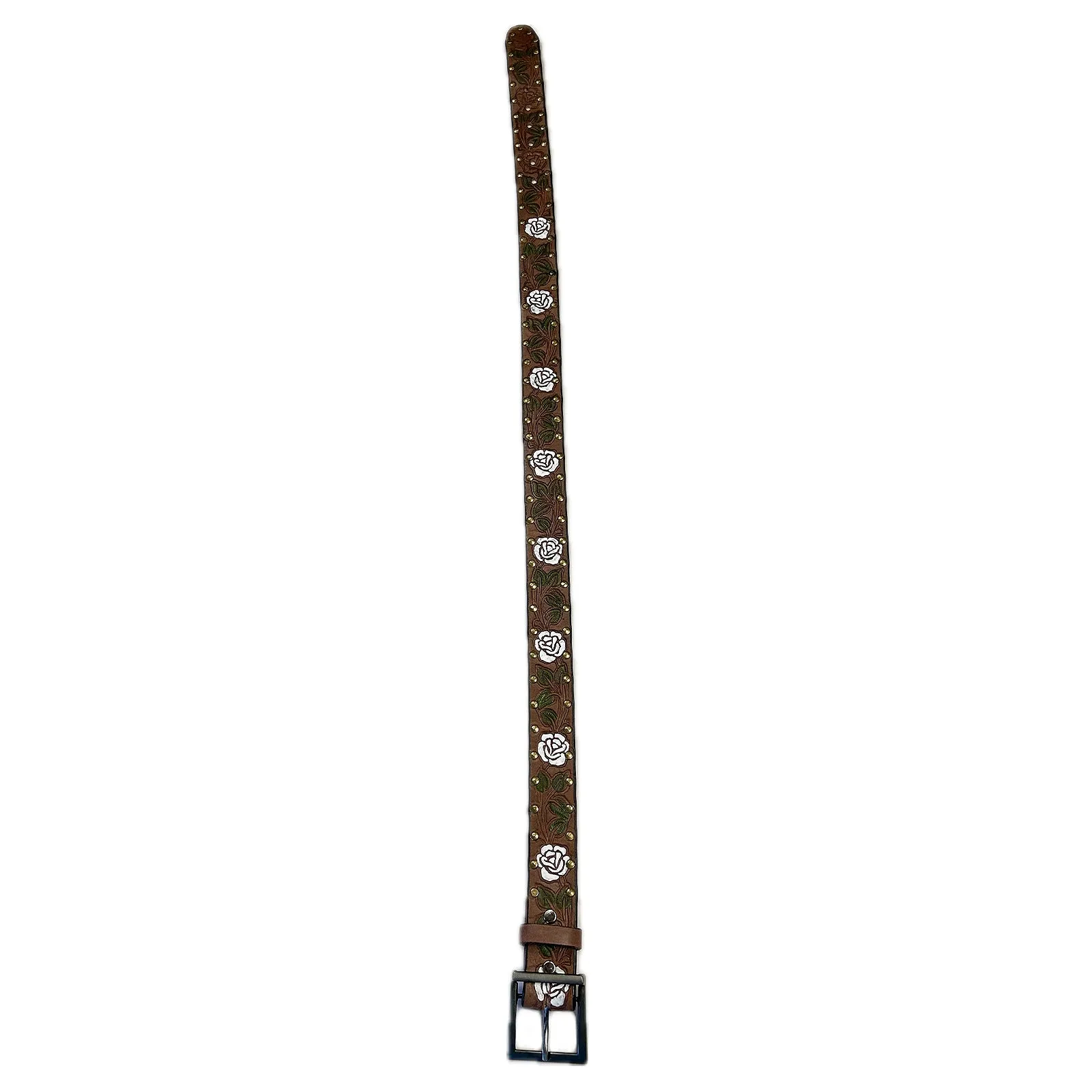 Brown Tooled Genuine Leather Western Belt with White Roses