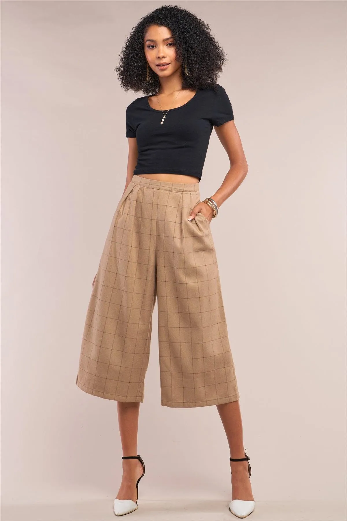 Camel Plaid Checkered Pleated Wide Leg Pants /1-1-3