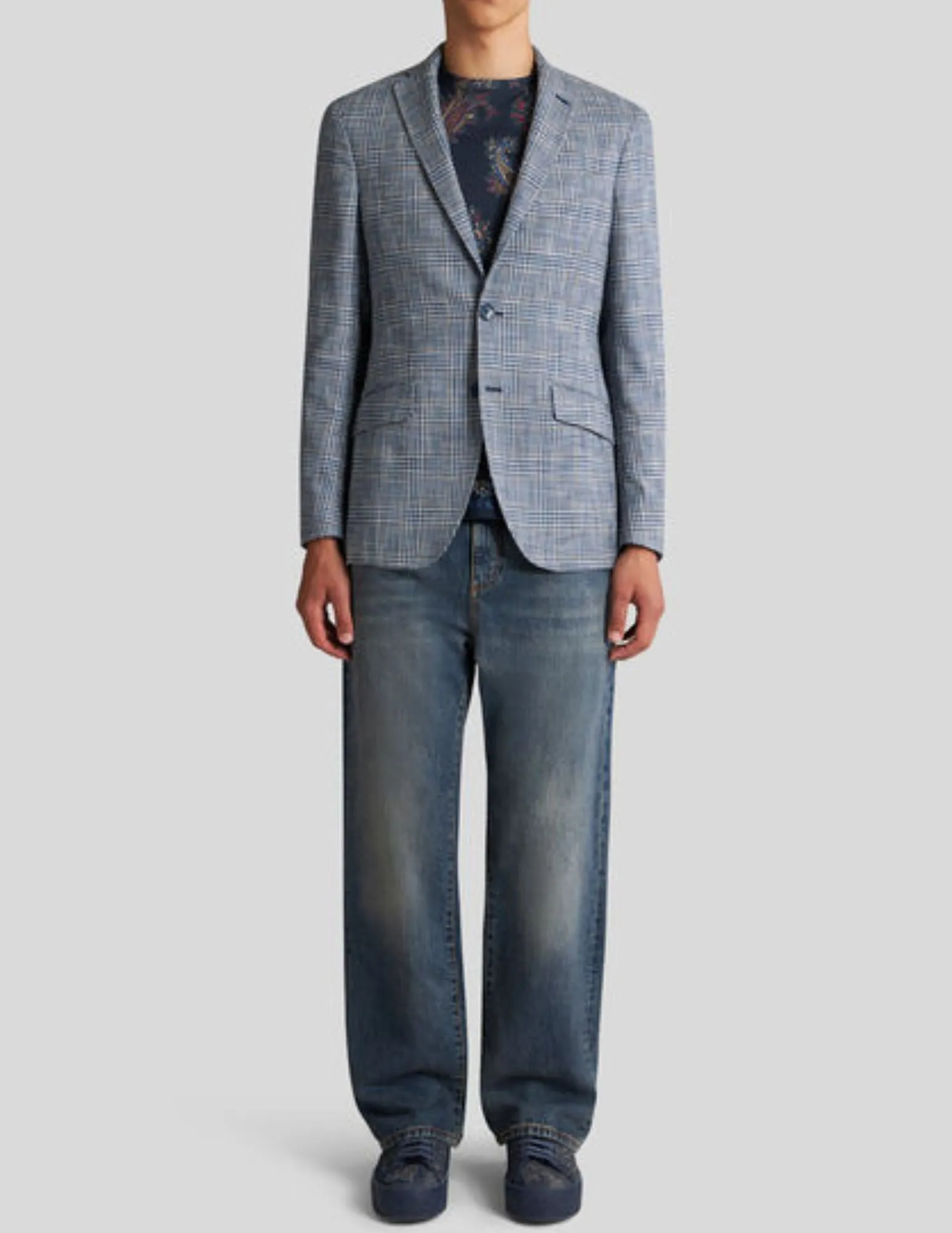 Check Linen-Blend Blazer | Light Blue