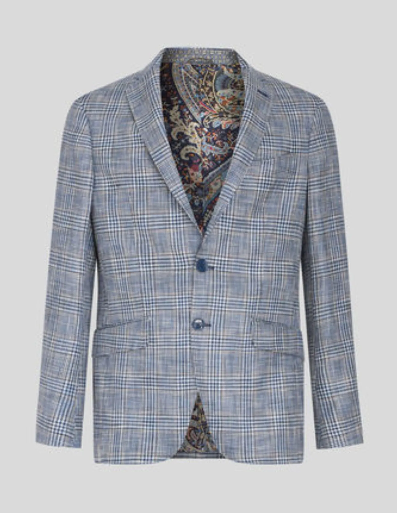 Check Linen-Blend Blazer | Light Blue