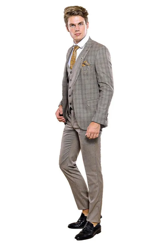 Checked Brown Vested Men's Suit