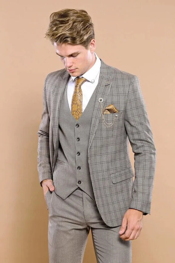 Checked Brown Vested Men's Suit