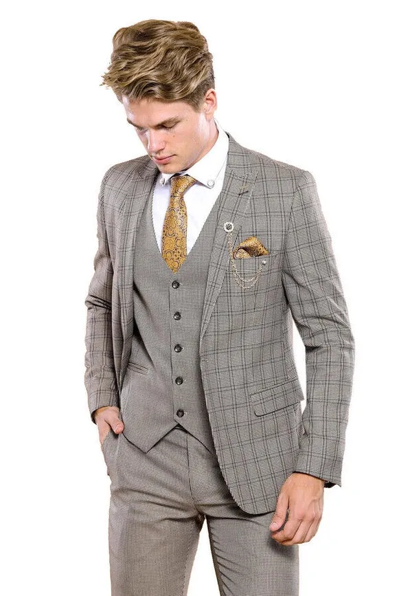 Checked Brown Vested Men's Suit