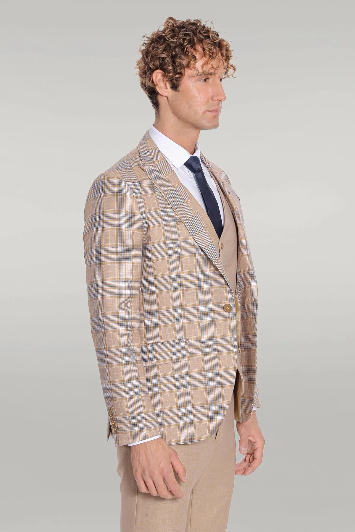 Checked Slim Fit Beige Men Suit - Wessi