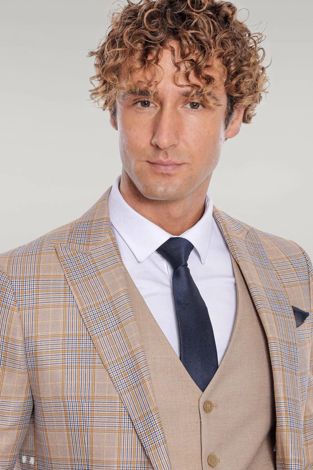 Checked Slim Fit Beige Men Suit - Wessi