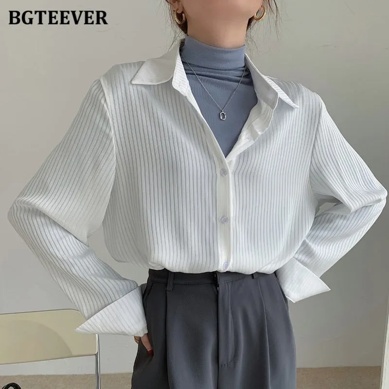 Christmas Gift Joskaa Office Ladies Striped Women Blouses Tops Full Sleeve Loose Women Shirts Elegant Spring Blusas Mujer 2024