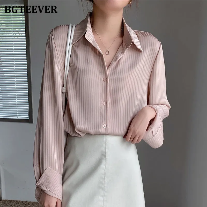 Christmas Gift Joskaa Office Ladies Striped Women Blouses Tops Full Sleeve Loose Women Shirts Elegant Spring Blusas Mujer 2024