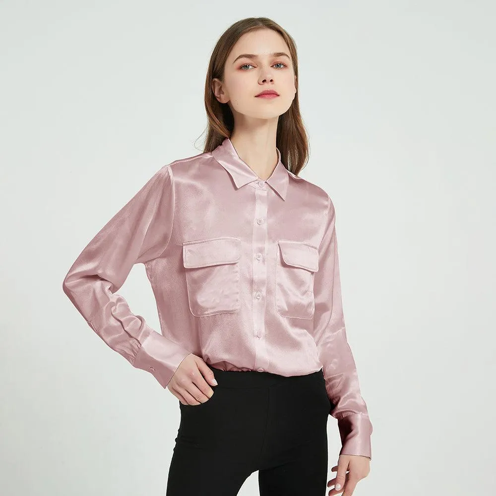 Classic 22 Momme Silk Shirts For Women Long Sleeves Silk Top With Two Patch Pockets