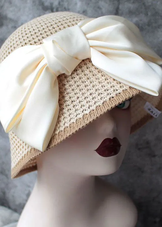 Classy Beige Silk Bow Straw Woven Bucket Hat LC0470