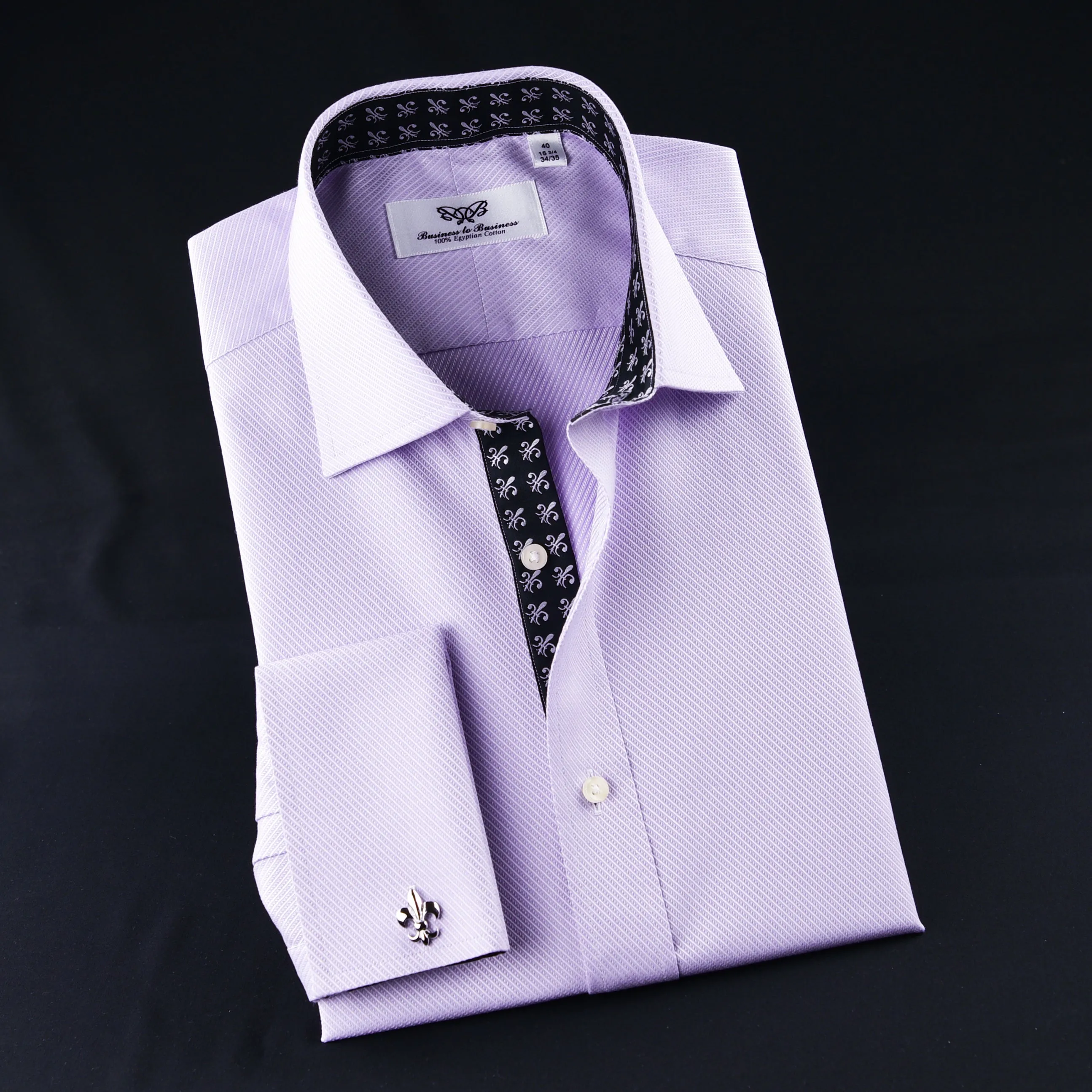 Designed Lilac Twill With Black Fleur-De-Lis Inner Lining Formal Dress Shirt