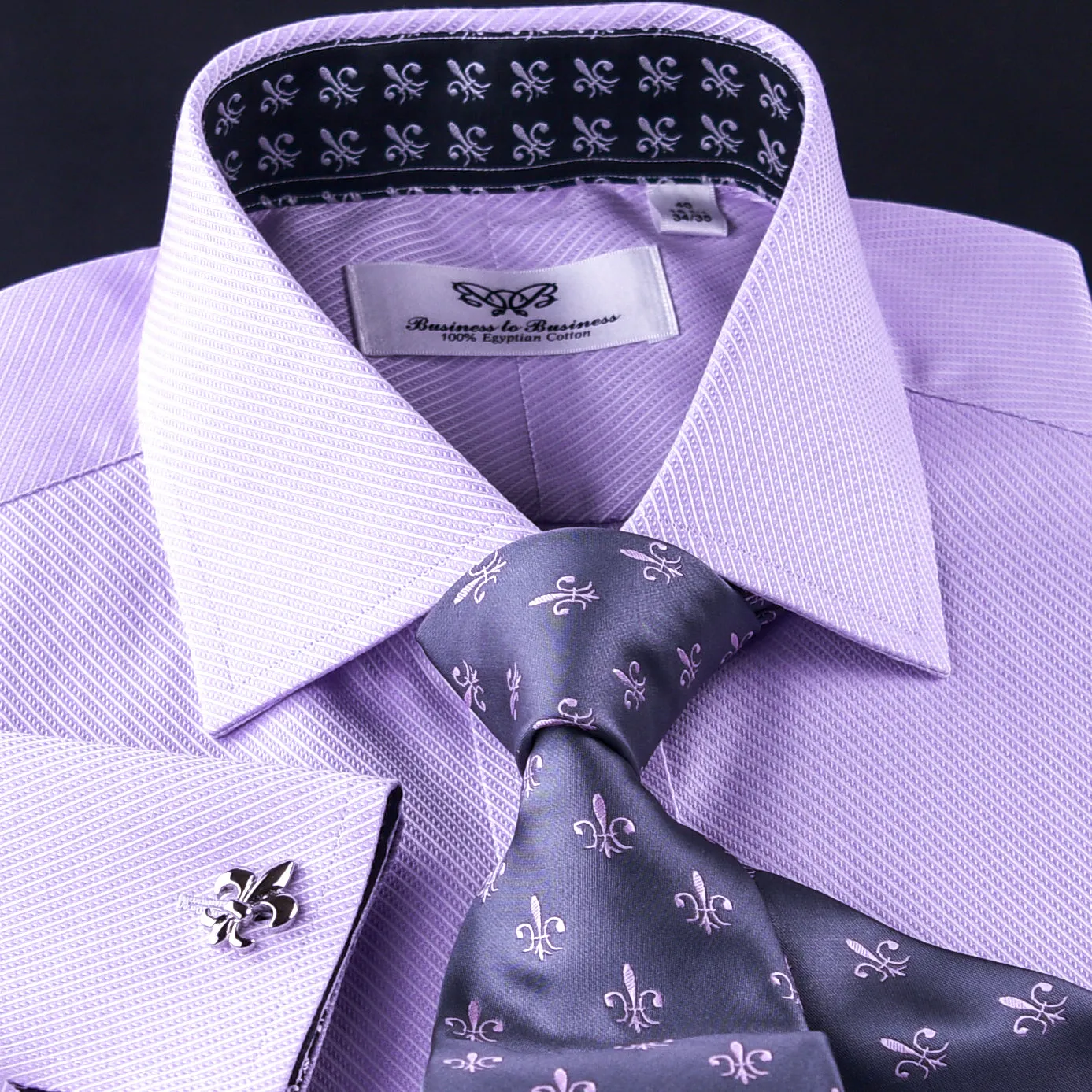 Designed Lilac Twill With Black Fleur-De-Lis Inner Lining Formal Dress Shirt