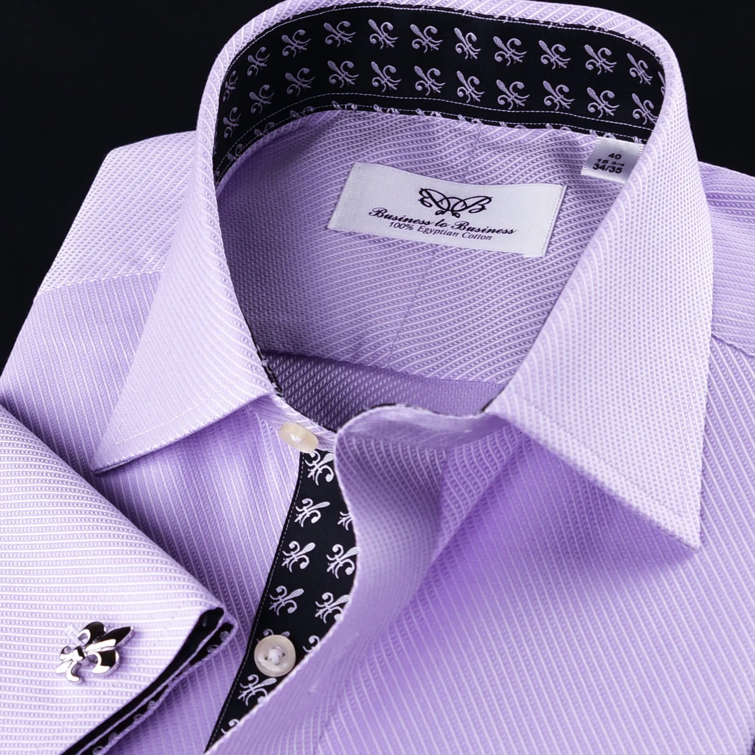 Designed Lilac Twill With Black Fleur-De-Lis Inner Lining Formal Dress Shirt