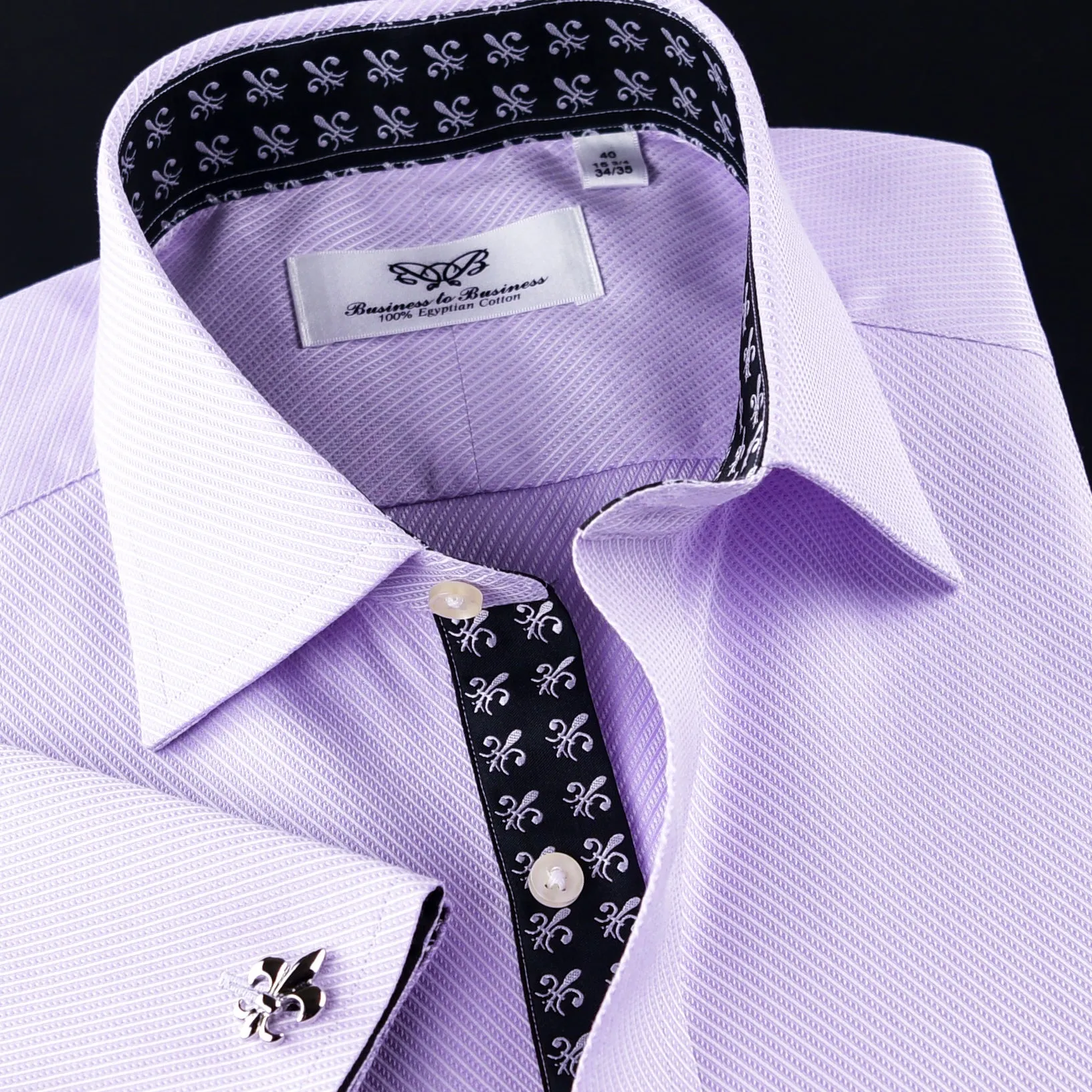 Designed Lilac Twill With Black Fleur-De-Lis Inner Lining Formal Dress Shirt